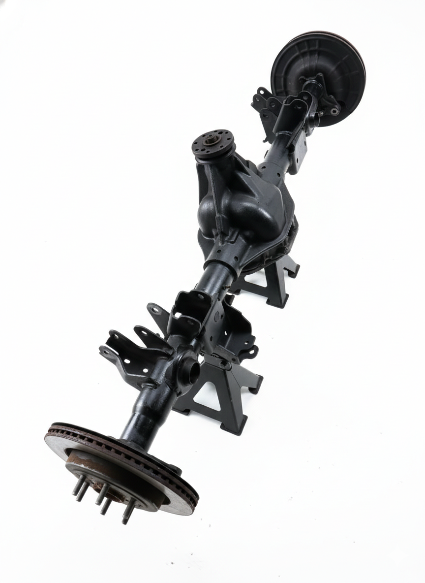 A complete rear differential assembly for a 2020 Ram 1500 DT, The unit includes the axle housing, differential pumpkin, axle shafts, and brake rotors.