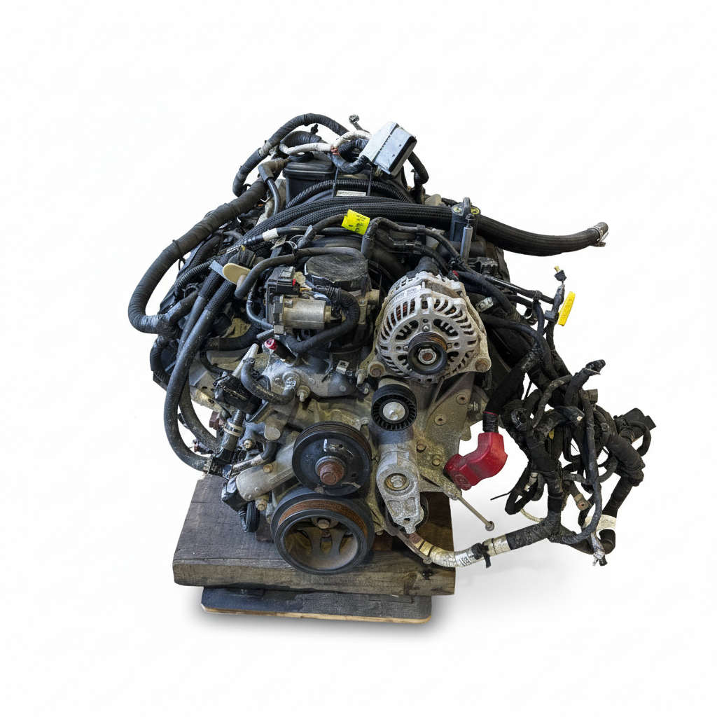 A complete 5.7L Hemi V8 engine removed from a 2020 Ram 1500 DT Sport, Supplied with Starter motor and engine wiring harness.