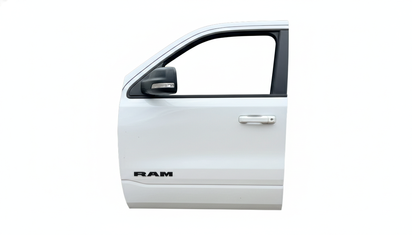 Front passenger side door for 2019-2024 Ram 1500, Bright White, genuine OEM replacement part for DT models.