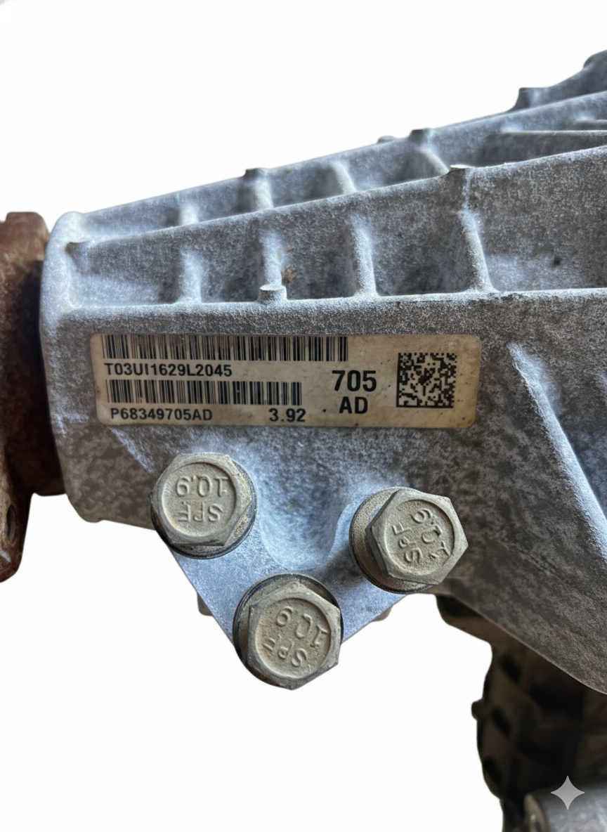Close up of 2020 Ram 1500 front diff housing showing identifying marks for DT model Ram parts wrecking.